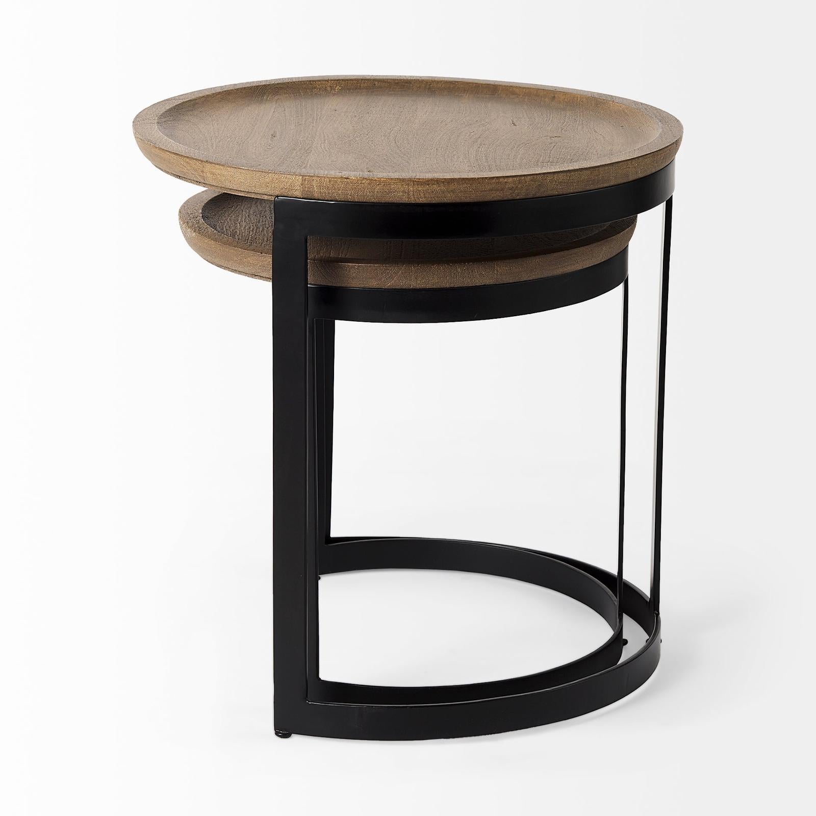 Mercana Aisley Light Brown Wood W/ Black Metal Base Round Nesting Side Tables - Set of 2