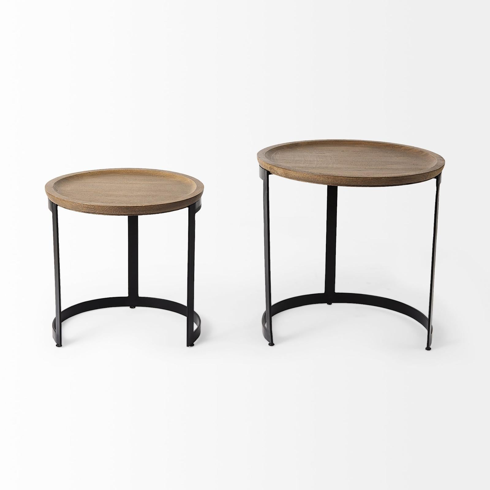 Mercana Aisley Light Brown Wood W/ Black Metal Base Round Nesting Side Tables - Set of 2