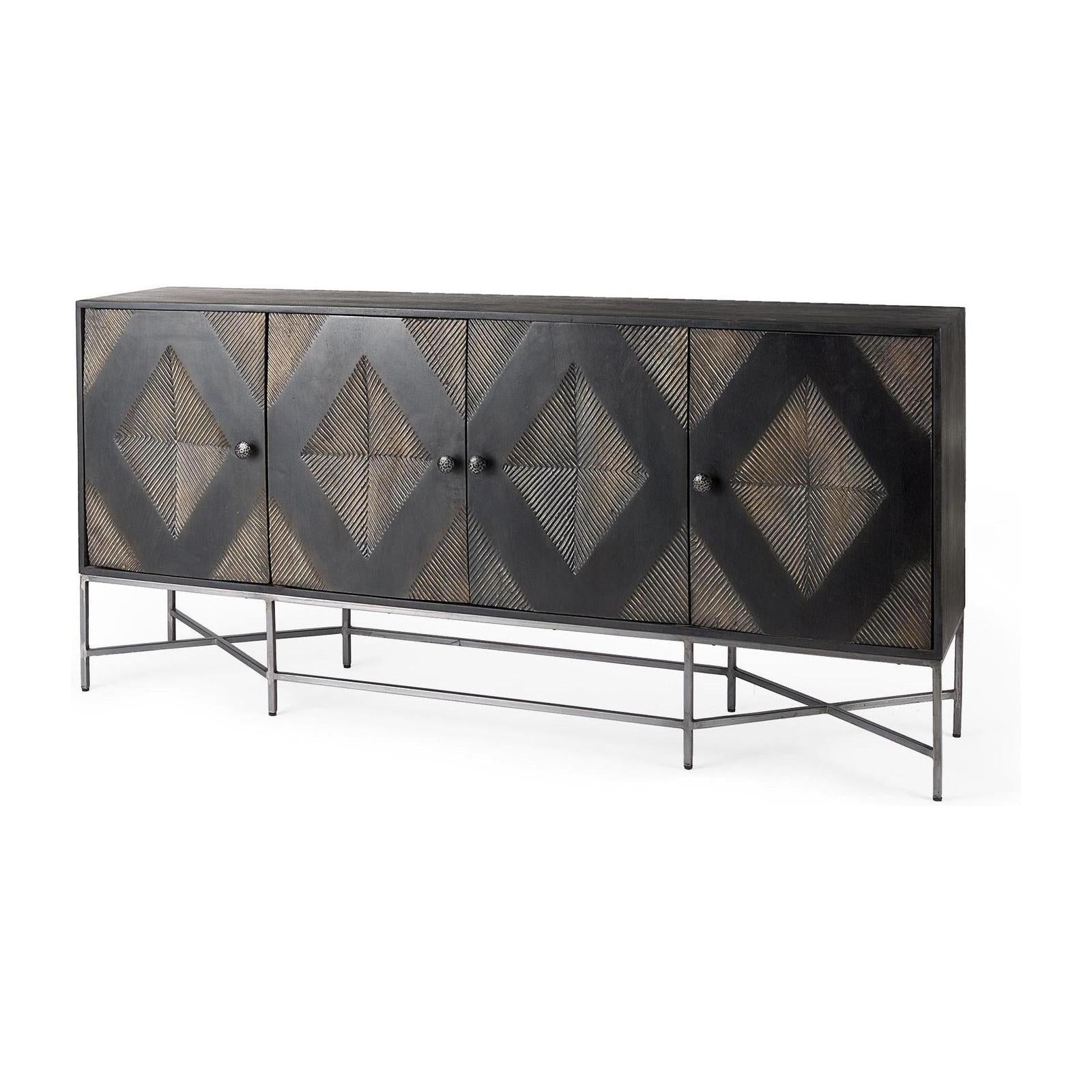 Mercana Hogarth Brown Solid Wood Base 4 Cabinet Sideboard