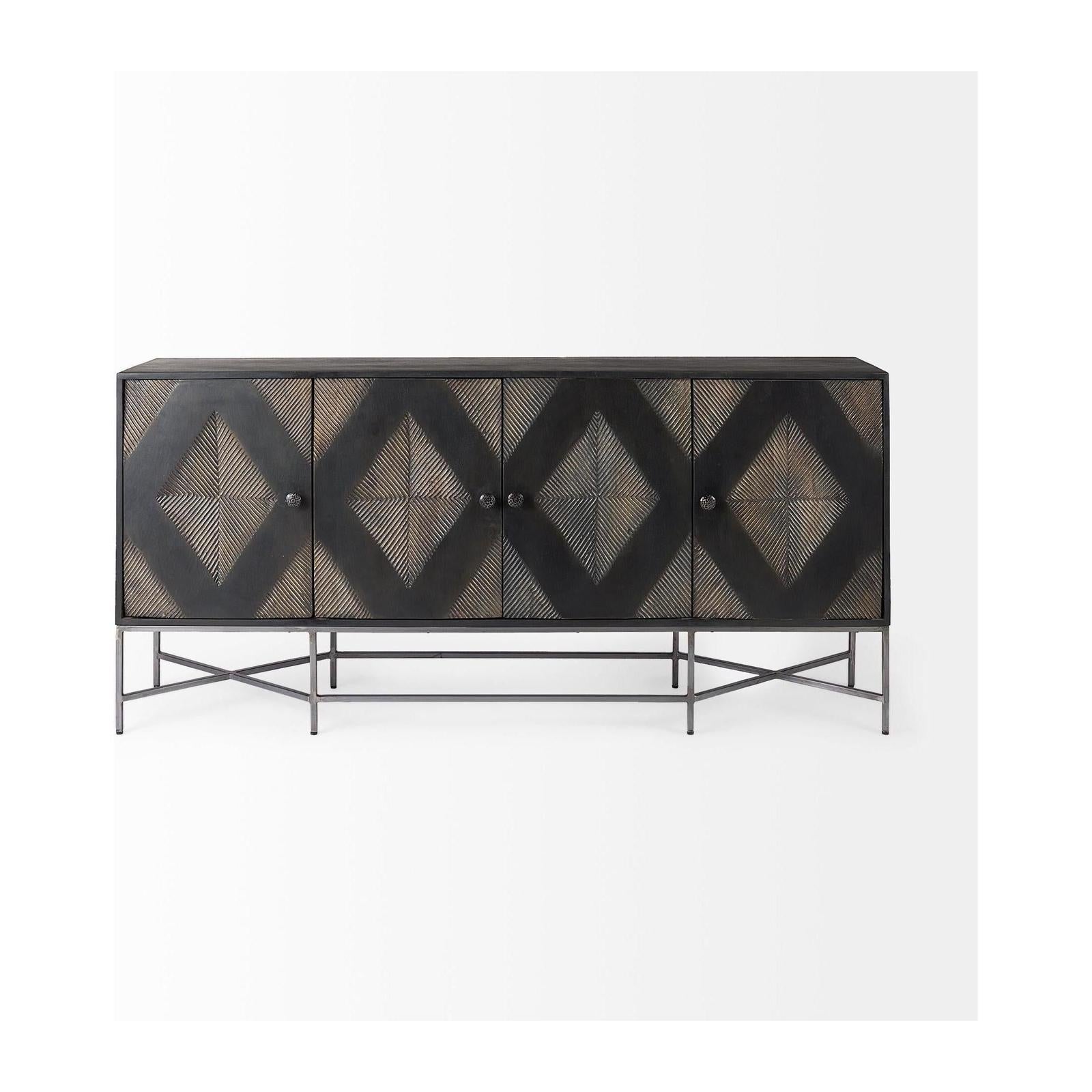 Mercana Hogarth Brown Solid Wood Base 4 Cabinet Sideboard
