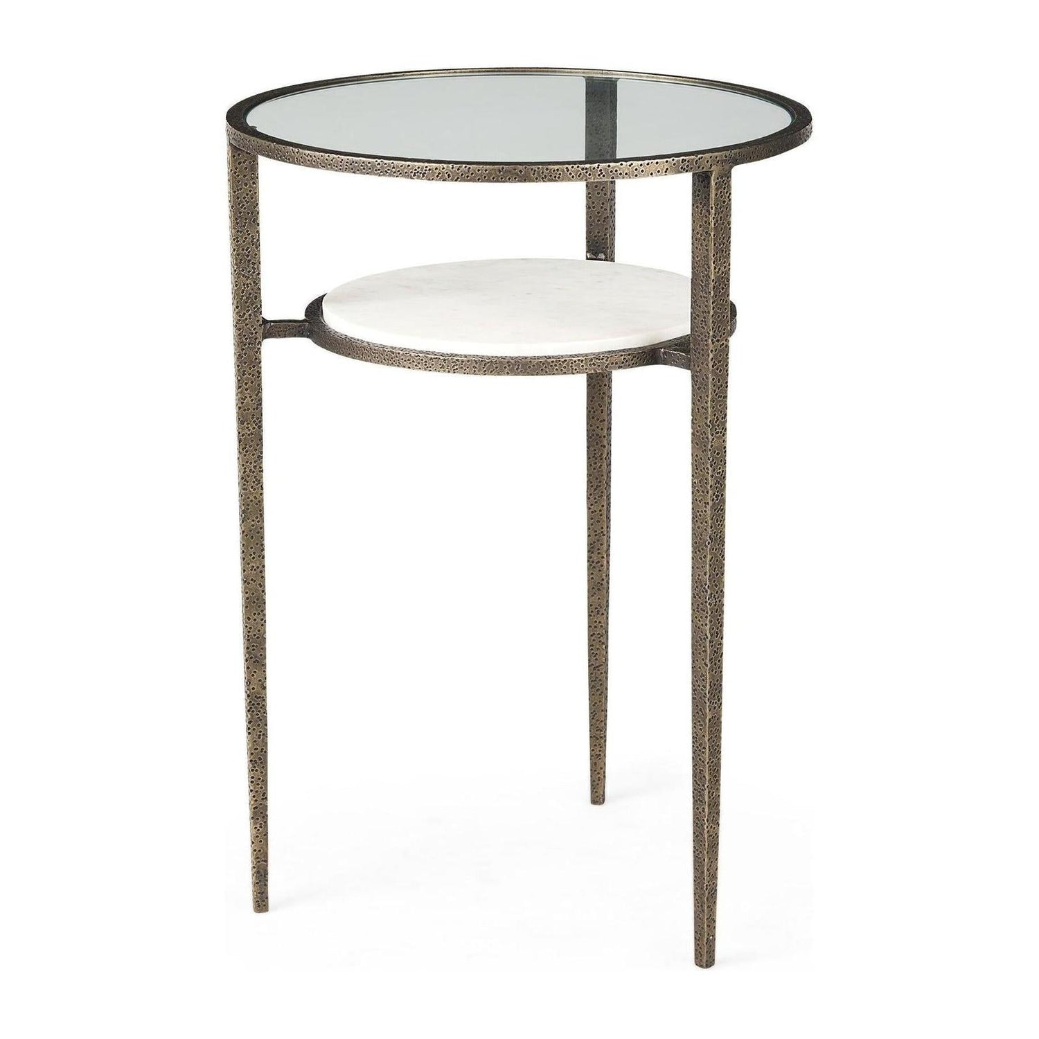 Mercana Felicity Glass Top W/ White Marble Shelf and Antique Gold Base End/Side Table