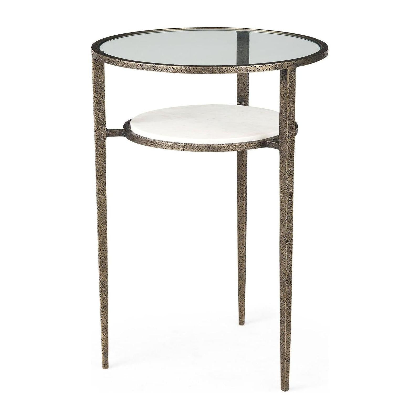 Mercana Felicity Glass Top W/ White Marble Shelf and Antique Gold Base End/Side Table