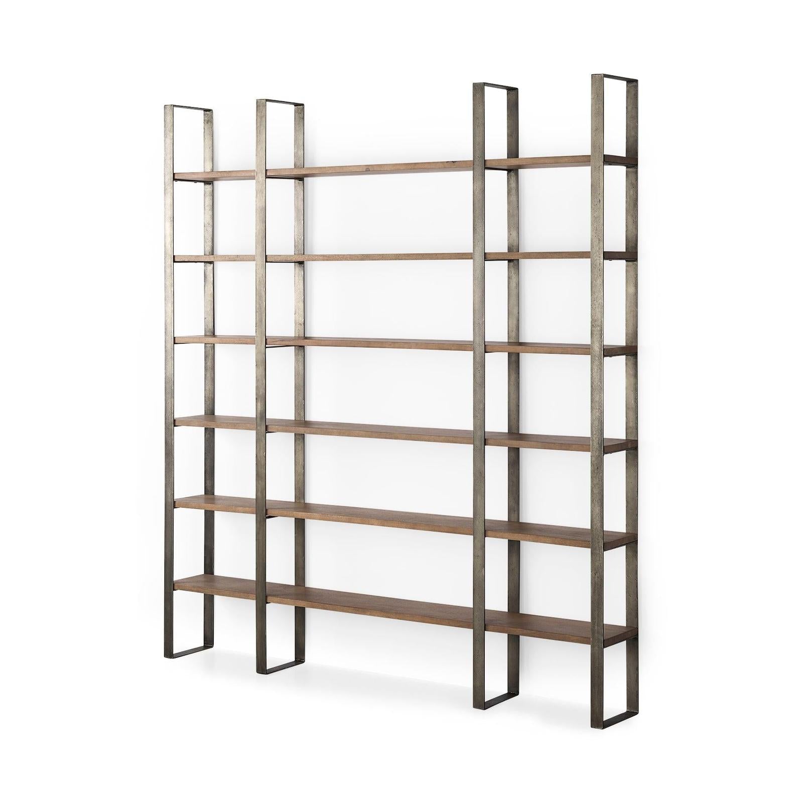 Mercana Taunton Medium Brown Wood W/ Antique Nickel Metal Frame 6 Tier Shelving Unit