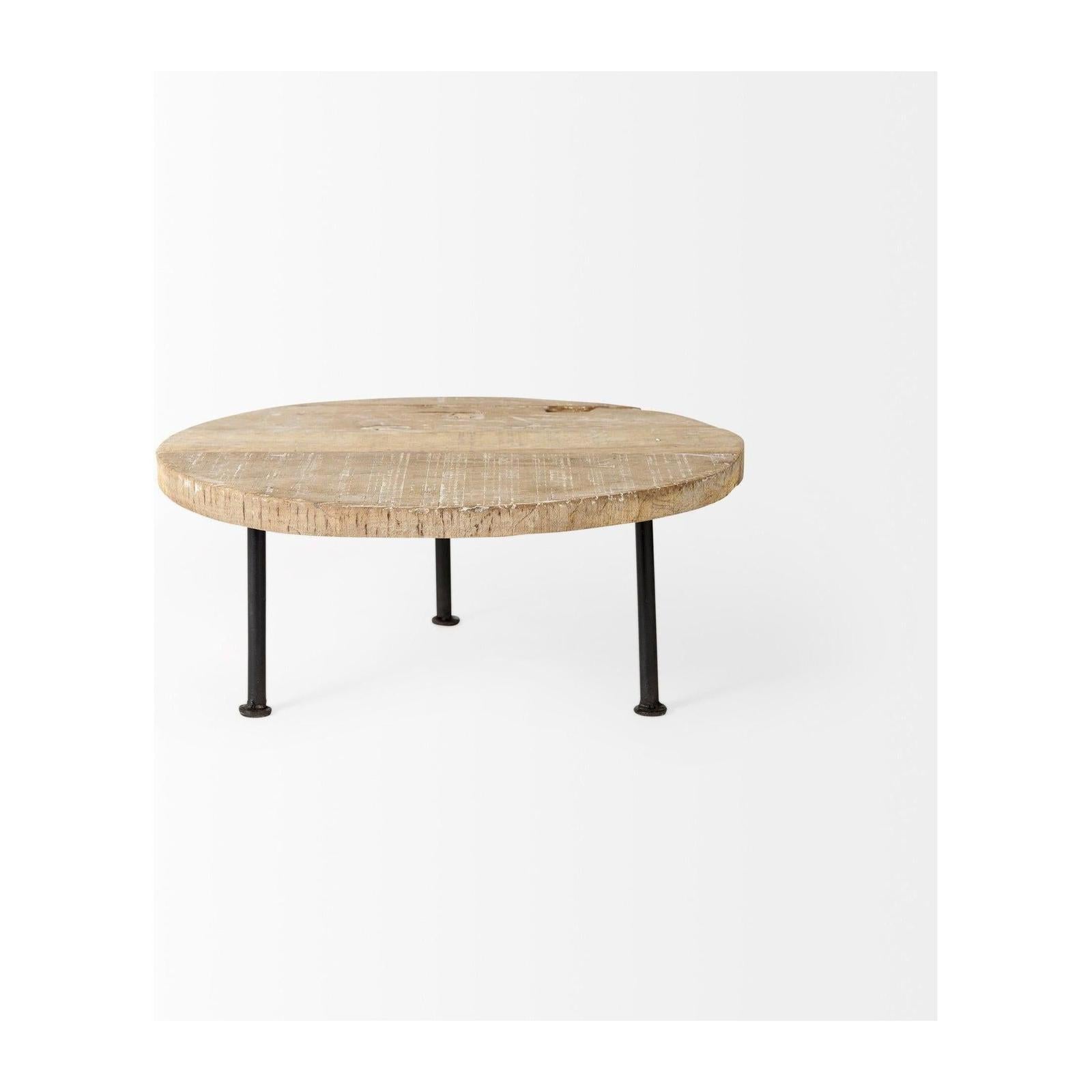 Mercana Cedric Round Light Brown Wood w/ Black Metal Legs Decorative Display Stand