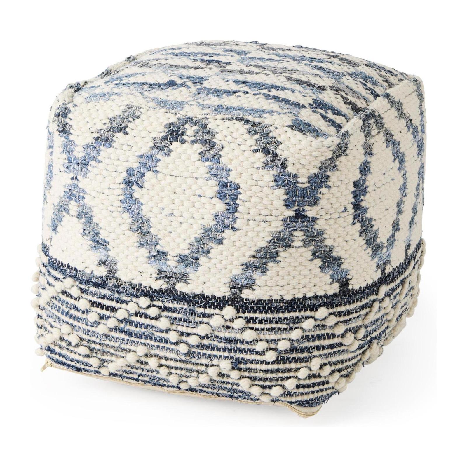 Mercana Eshana Cream Wool and Denim Patterned Pouf