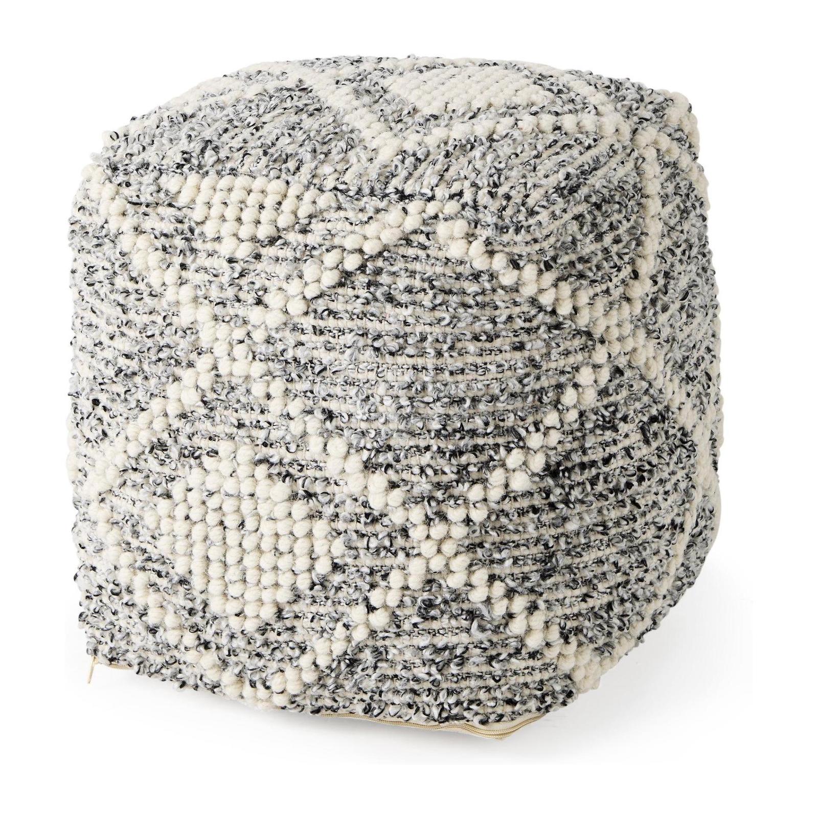 Mercana Ekiya Black/White Yarn and Wool Patterened Pouf