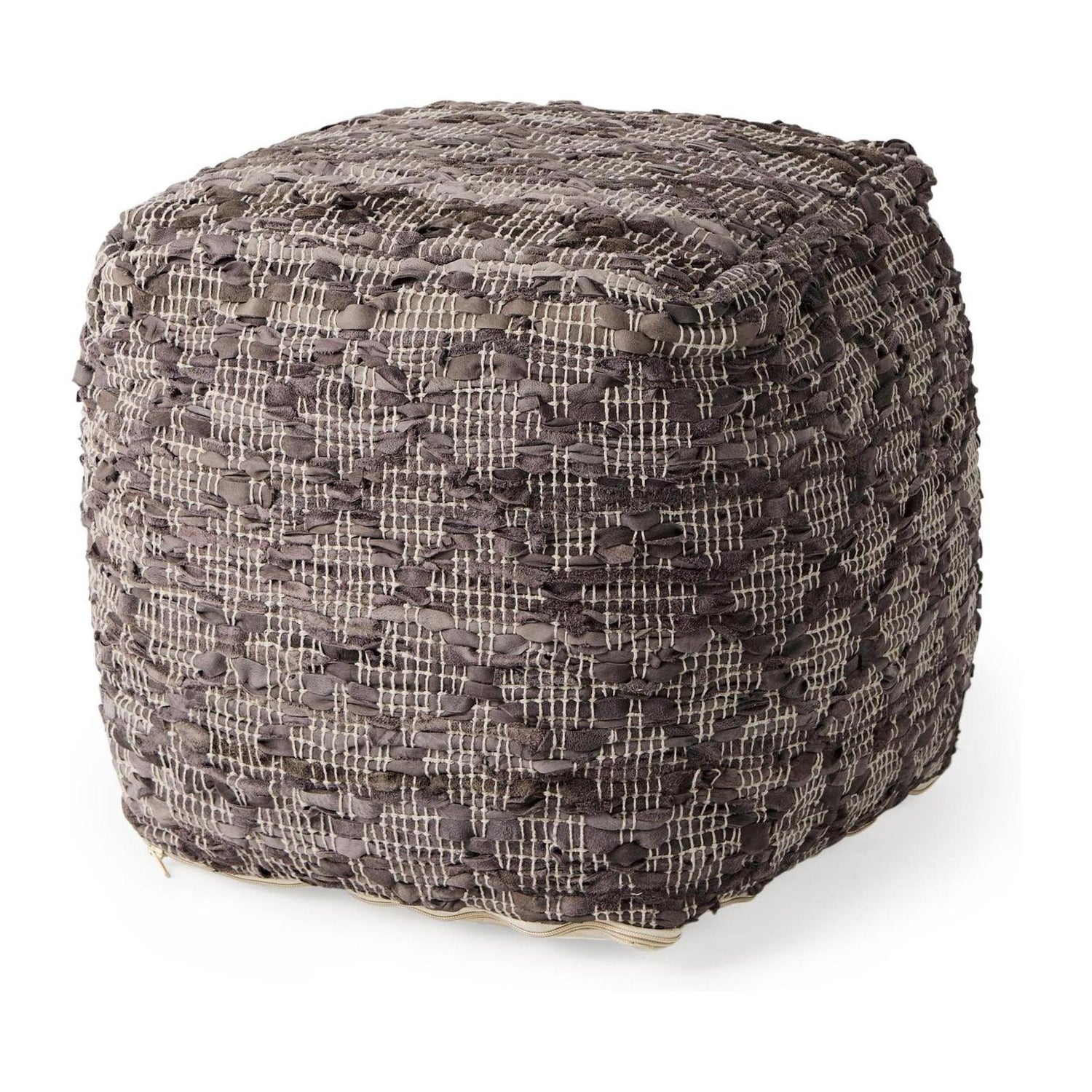 Mercana Falguni Gray Leather and Cotton Patterned Pouf Clearance