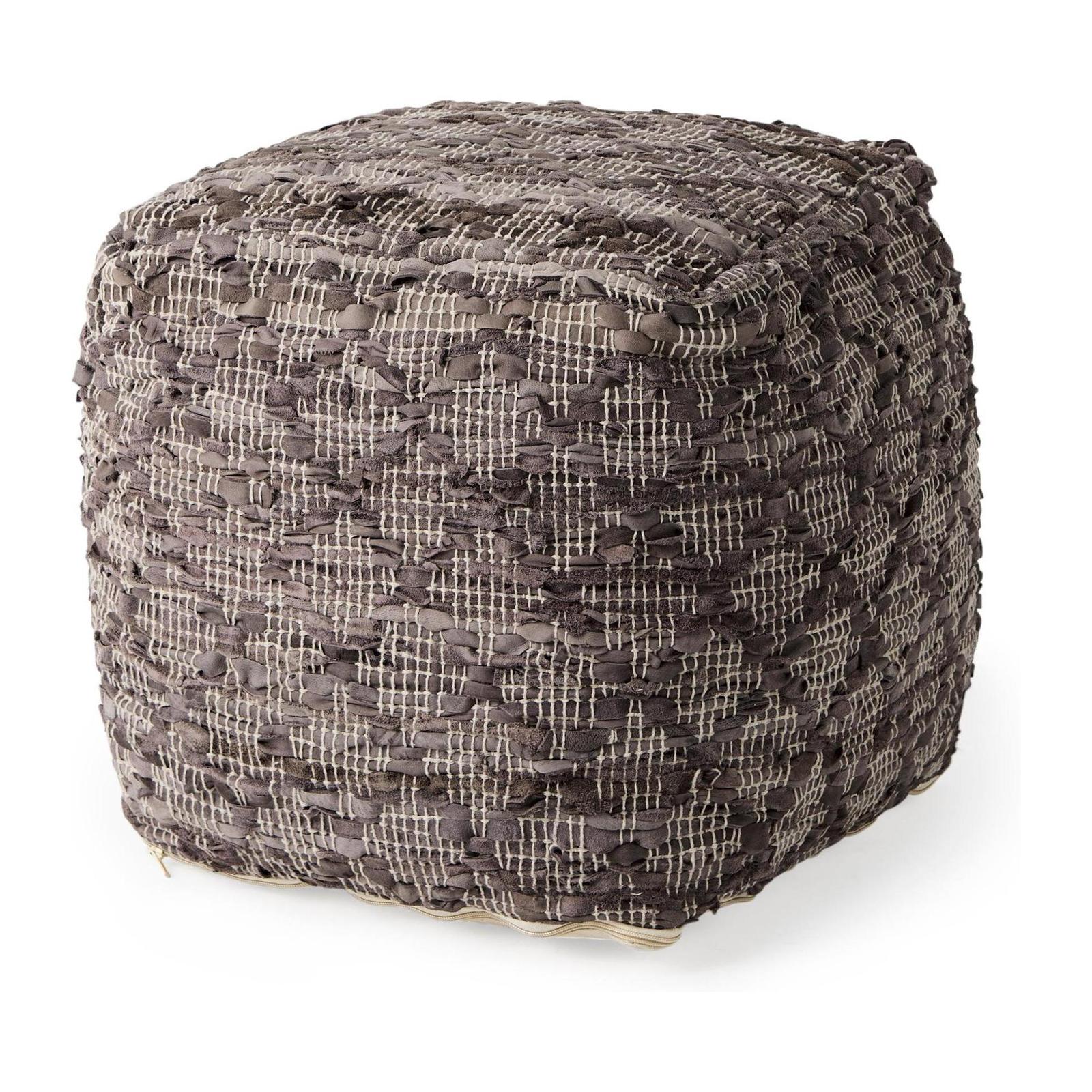 Mercana Falguni Gray Leather and Cotton Patterned Pouf Clearance