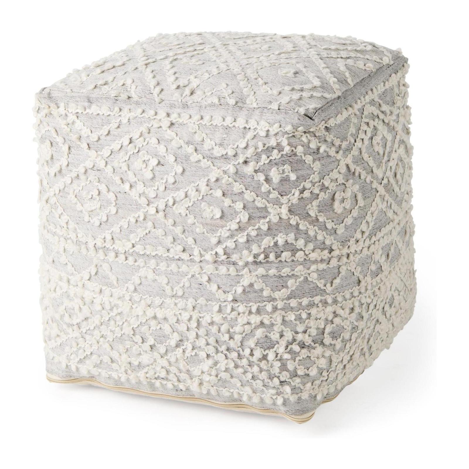 Mercana Farida Light Gray Wool and Polyester Patterned Pouf