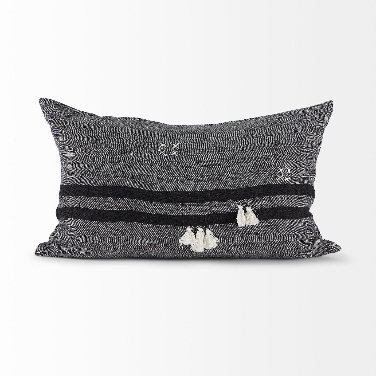 Mercana Sibyl Black Fabric Striped and White Fringed Decorative Pillow Cover