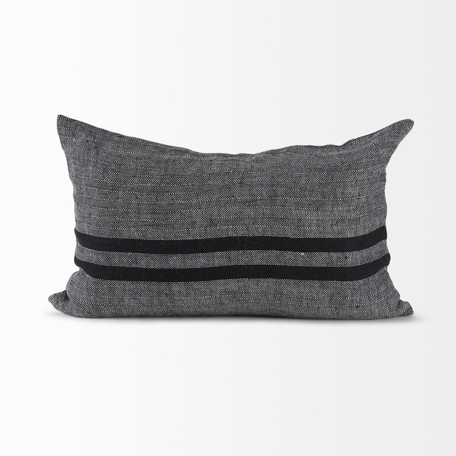 Mercana Sibyl Black Fabric Striped and White Fringed Decorative Pillow Cover