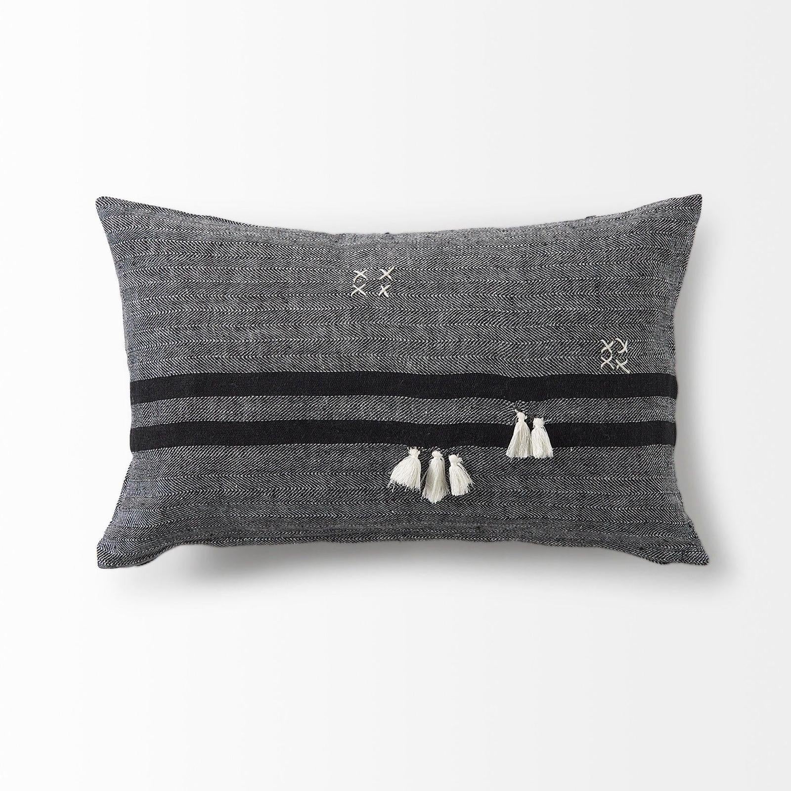 Mercana Sibyl Black Fabric Striped and White Fringed Decorative Pillow Cover