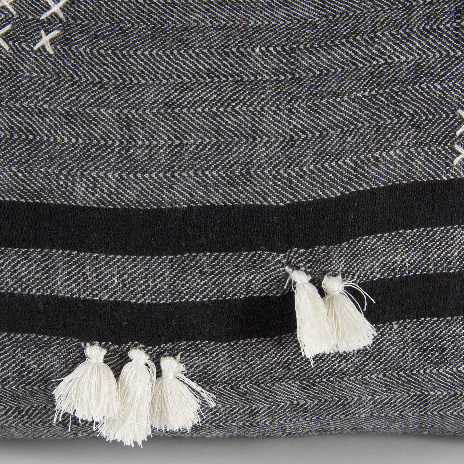 Mercana Sibyl Black Fabric Striped and White Fringed Decorative Pillow Cover