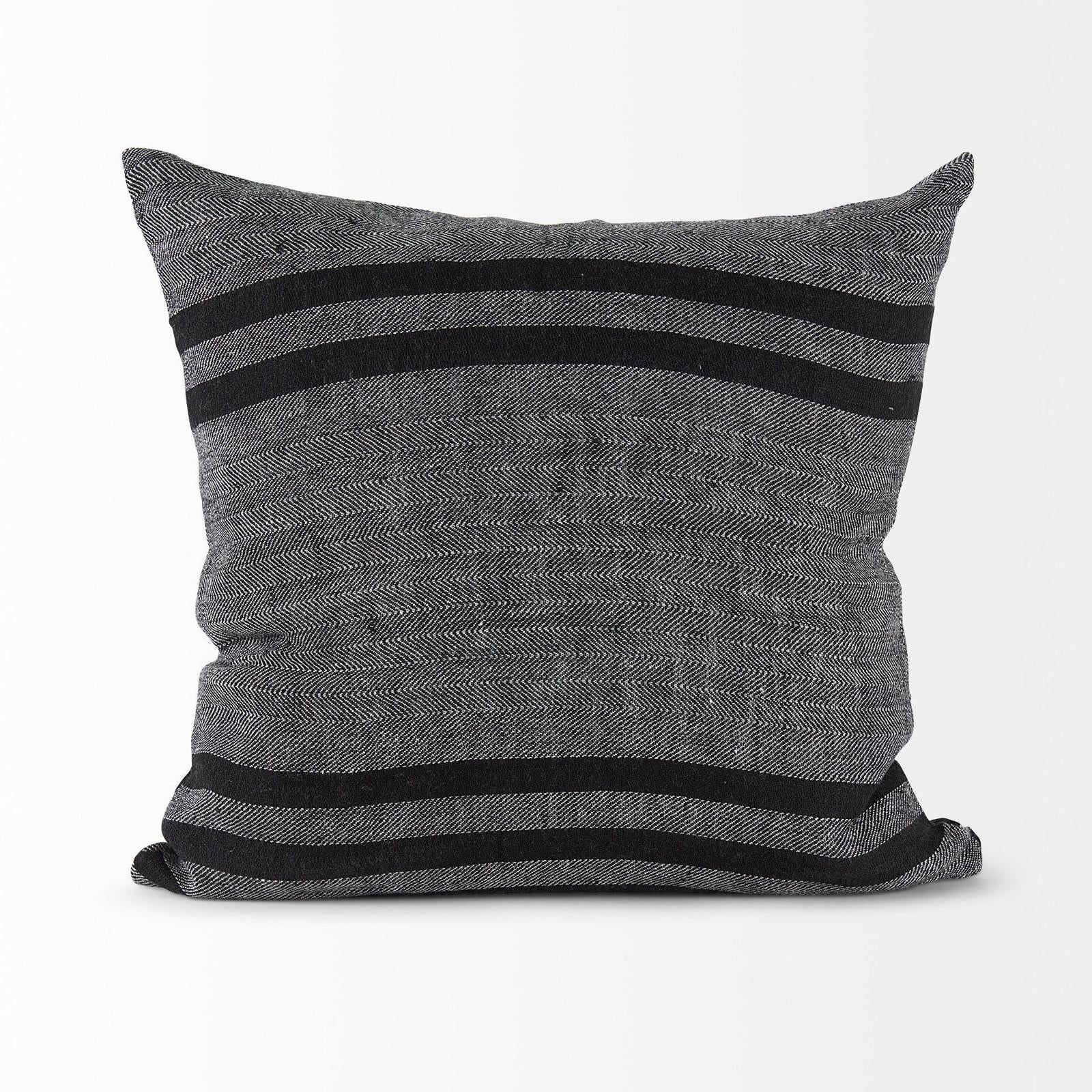 Mercana Sibyl Black Fabric Striped and White Fringed Decorative Pillow Cover