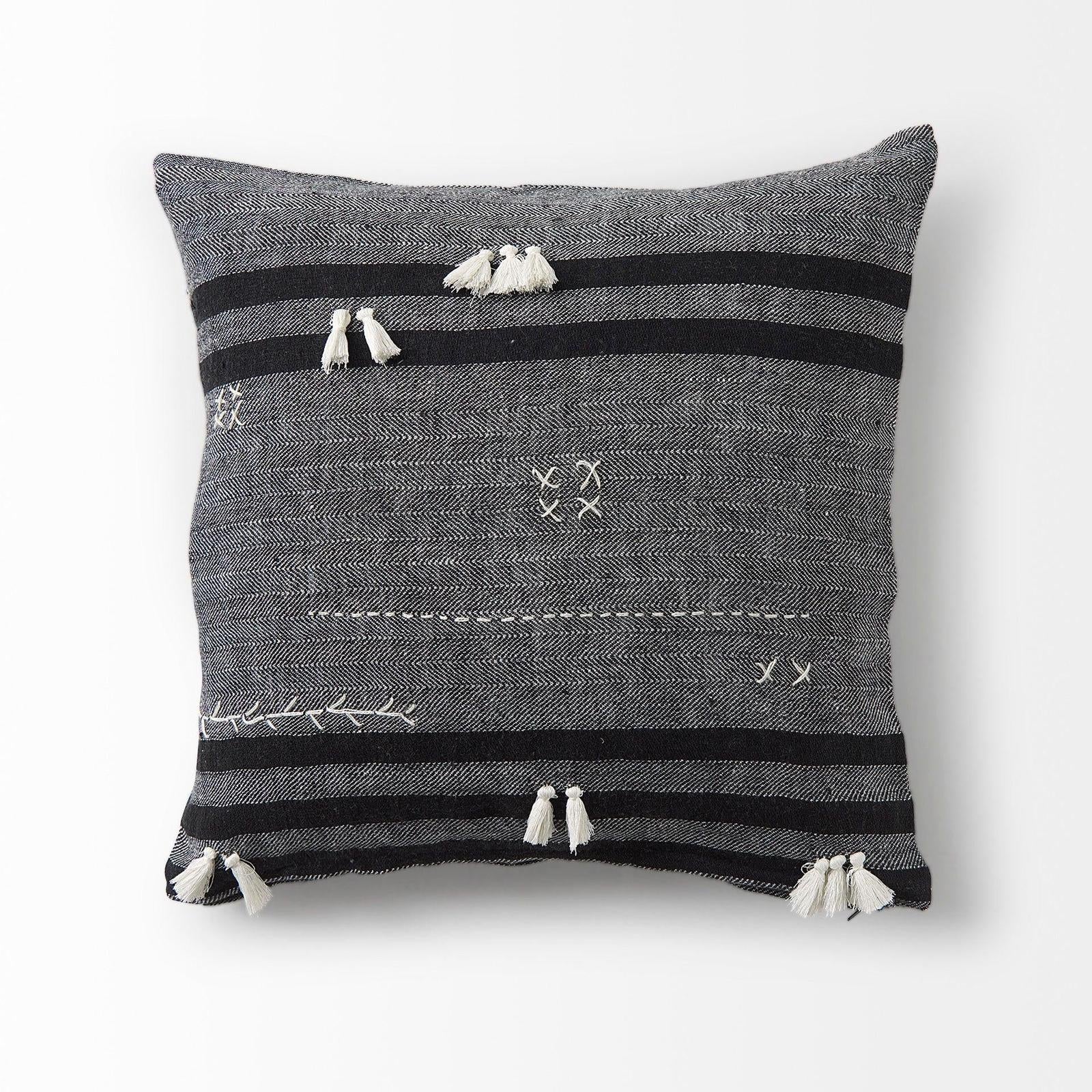 Mercana Sibyl Black Fabric Striped and White Fringed Decorative Pillow Cover