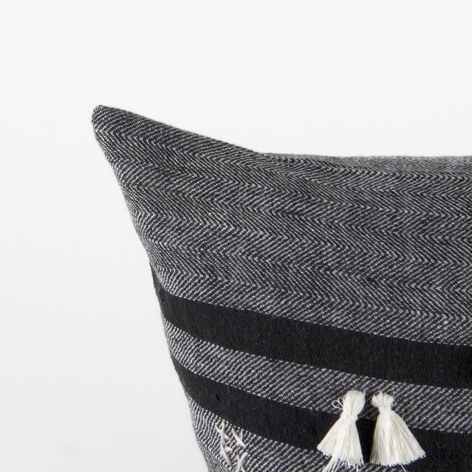 Mercana Sibyl Black Fabric Striped and White Fringed Decorative Pillow Cover