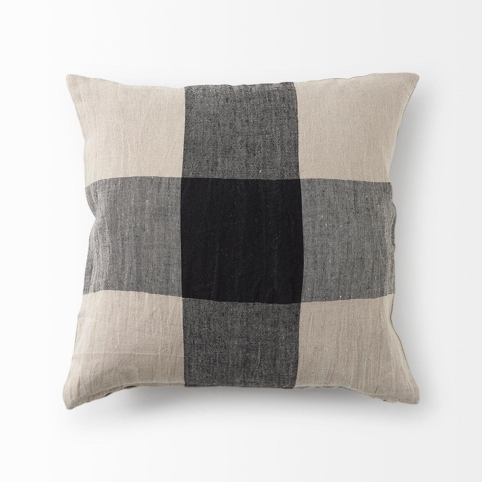 Mercana Raquel Beige and Black Fabric Plaid Decorative Pillow Cover