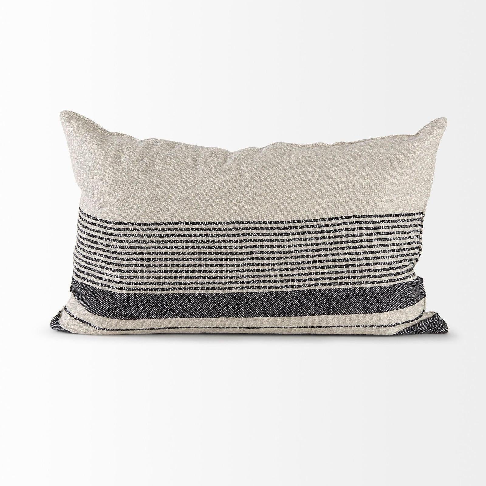 Mercana Thalia Black and Beige Fabric Striped and Fringed Decorative Pillow Cover Clearance