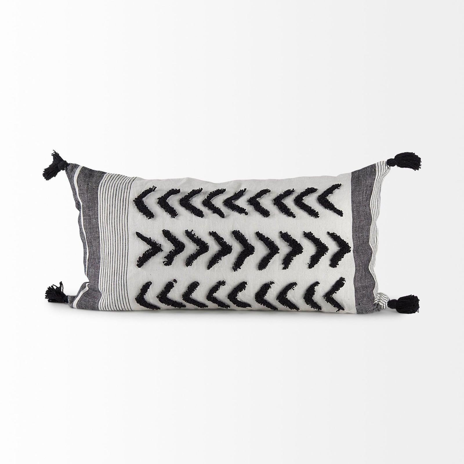 Mercana Kimia White and Black Fabric Herringbone and Fringed Decorative Pillow Cover Clearance