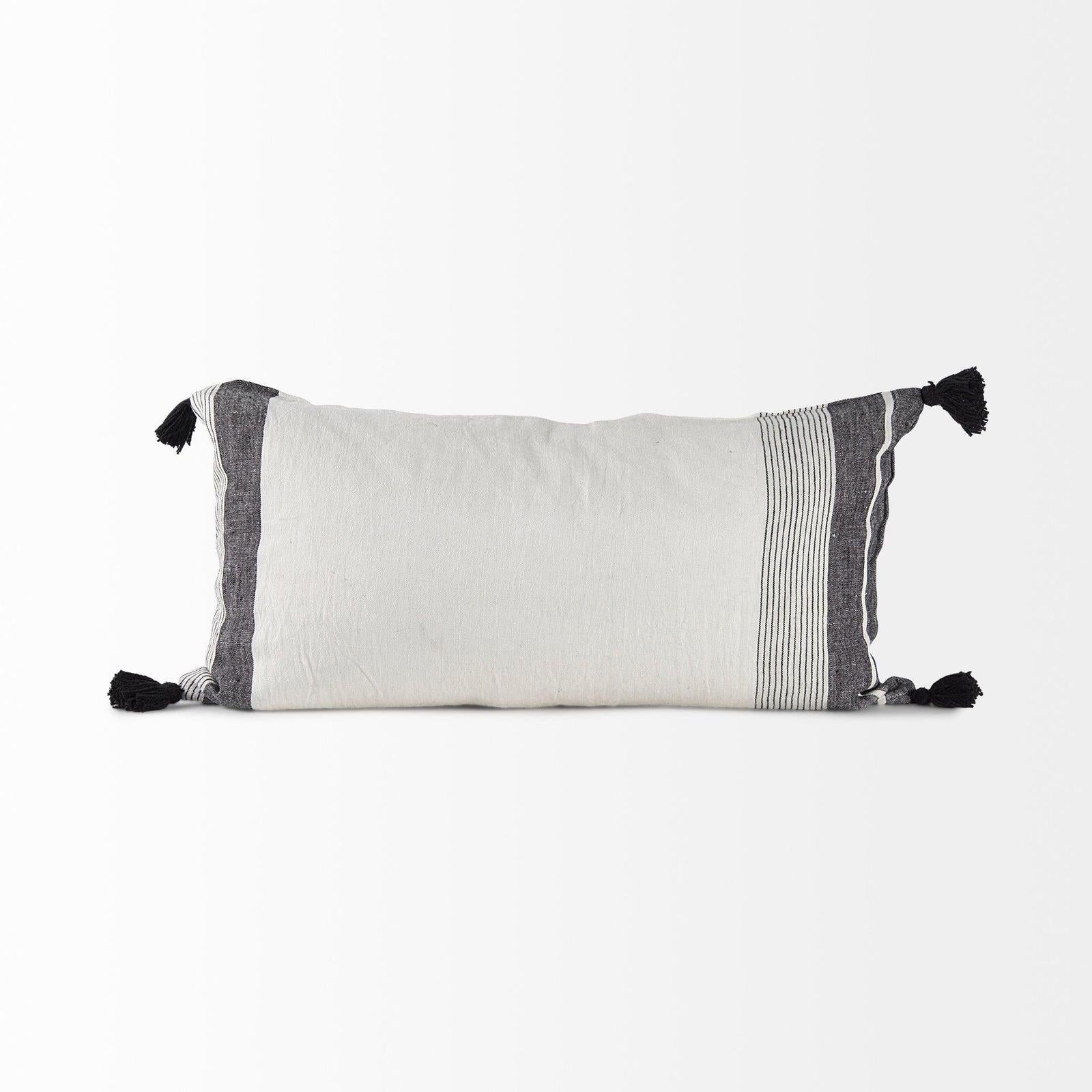 Mercana Kimia White and Black Fabric Herringbone and Fringed Decorative Pillow Cover Clearance