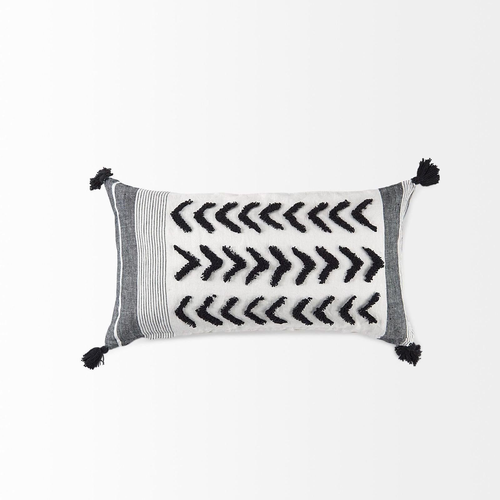 Mercana Kimia White and Black Fabric Herringbone and Fringed Decorative Pillow Cover Clearance