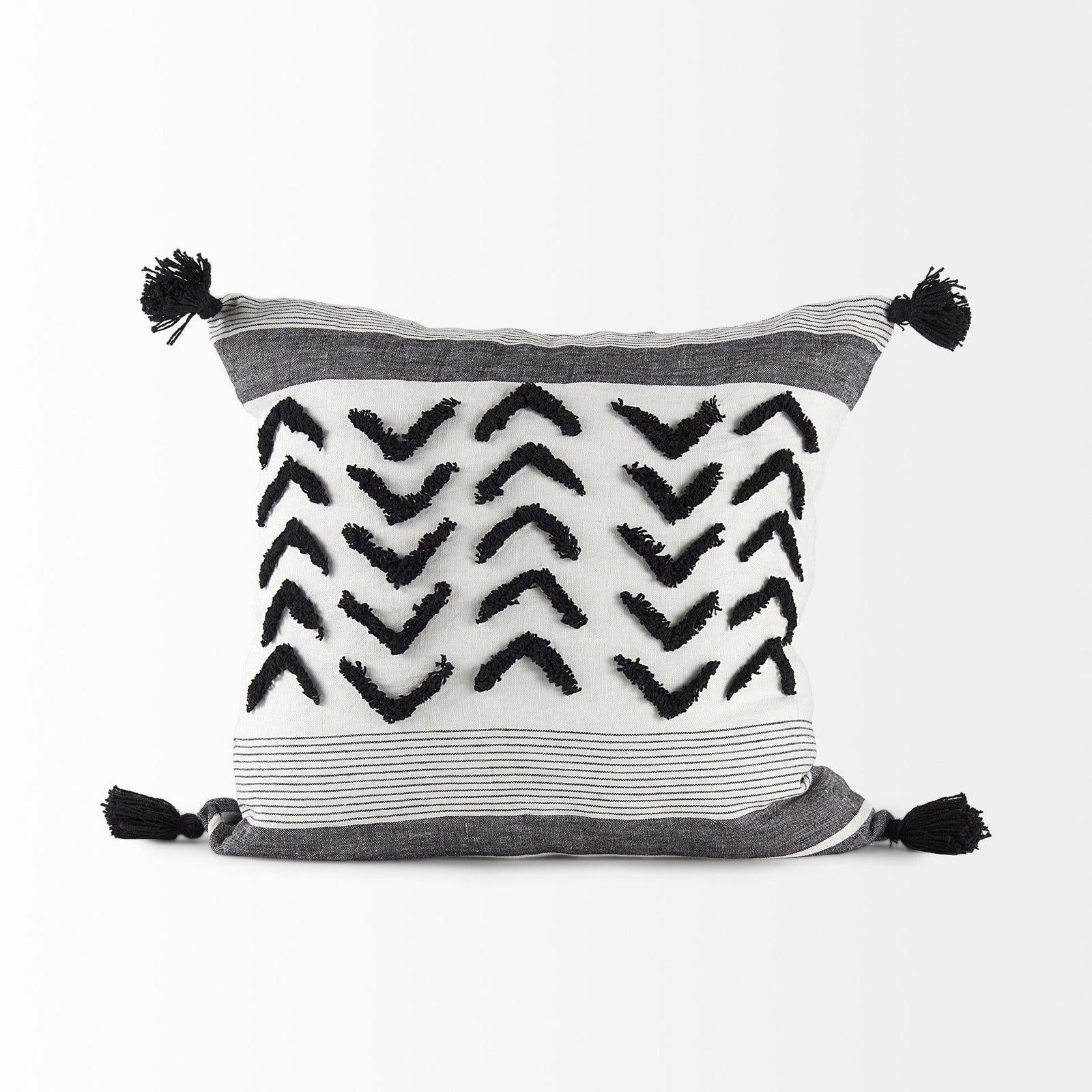 Mercana Kimia White and Black Fabric Herringbone and Fringed Decorative Pillow Cover Clearance