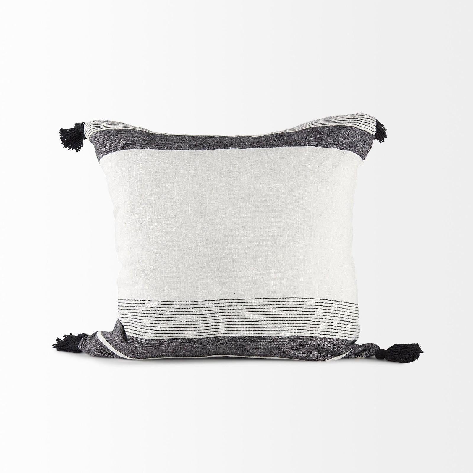 Mercana Kimia White and Black Fabric Herringbone and Fringed Decorative Pillow Cover Clearance