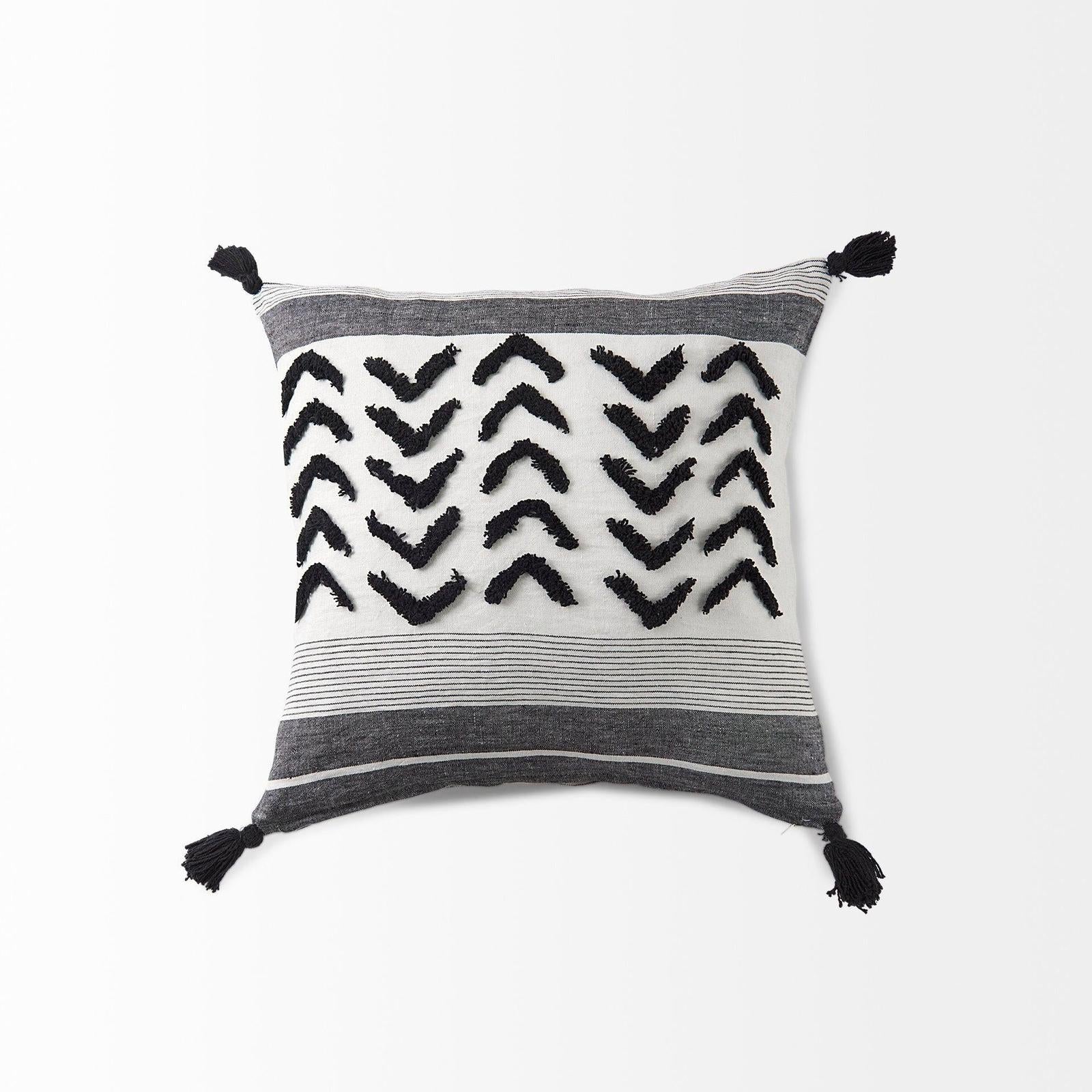 Mercana Kimia White and Black Fabric Herringbone and Fringed Decorative Pillow Cover Clearance