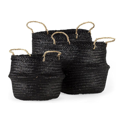Mercana Ella Black Seagrass Basket W/ Light Brown Handles-Set of 3