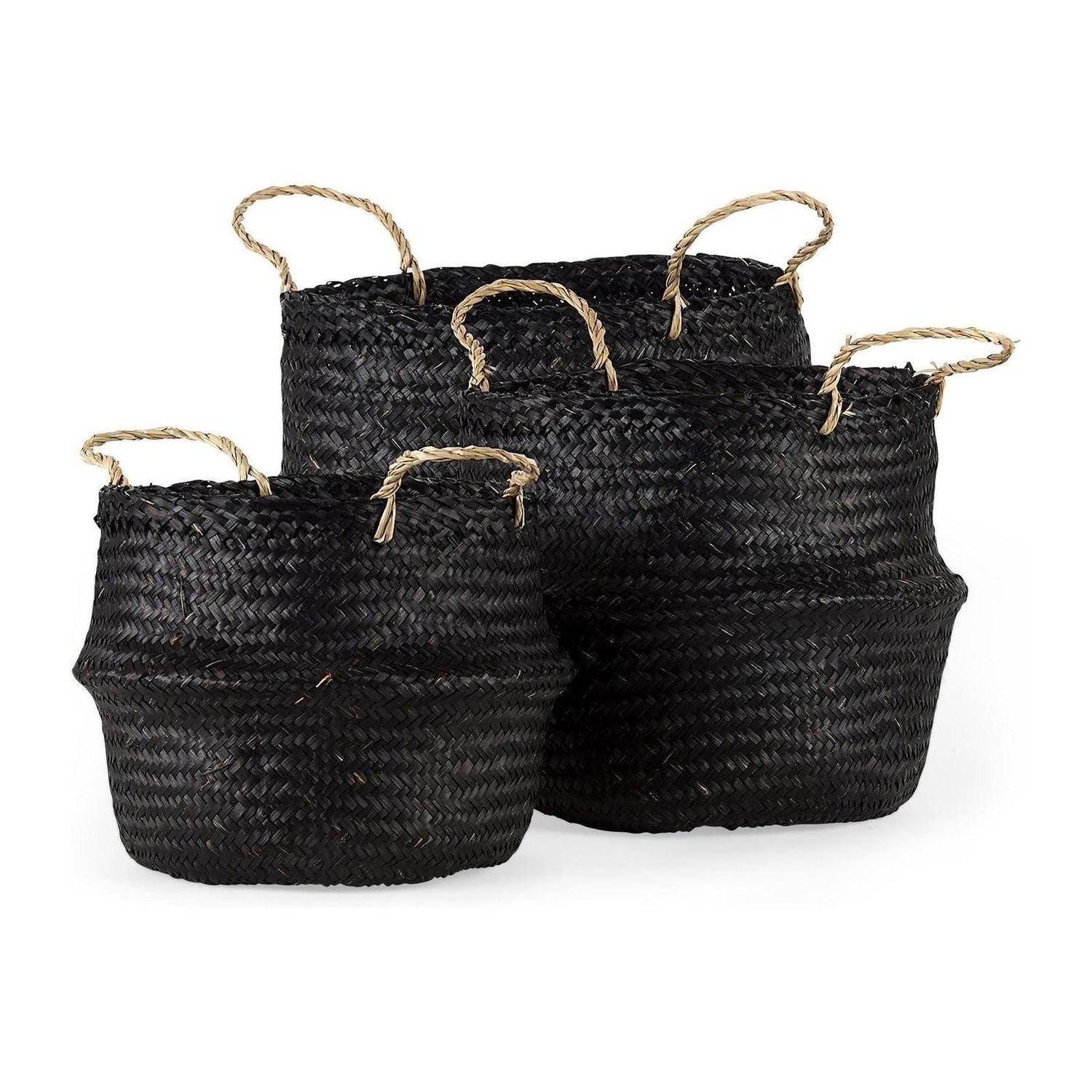 Mercana Ella Black Seagrass Basket W/ Light Brown Handles-Set of 3