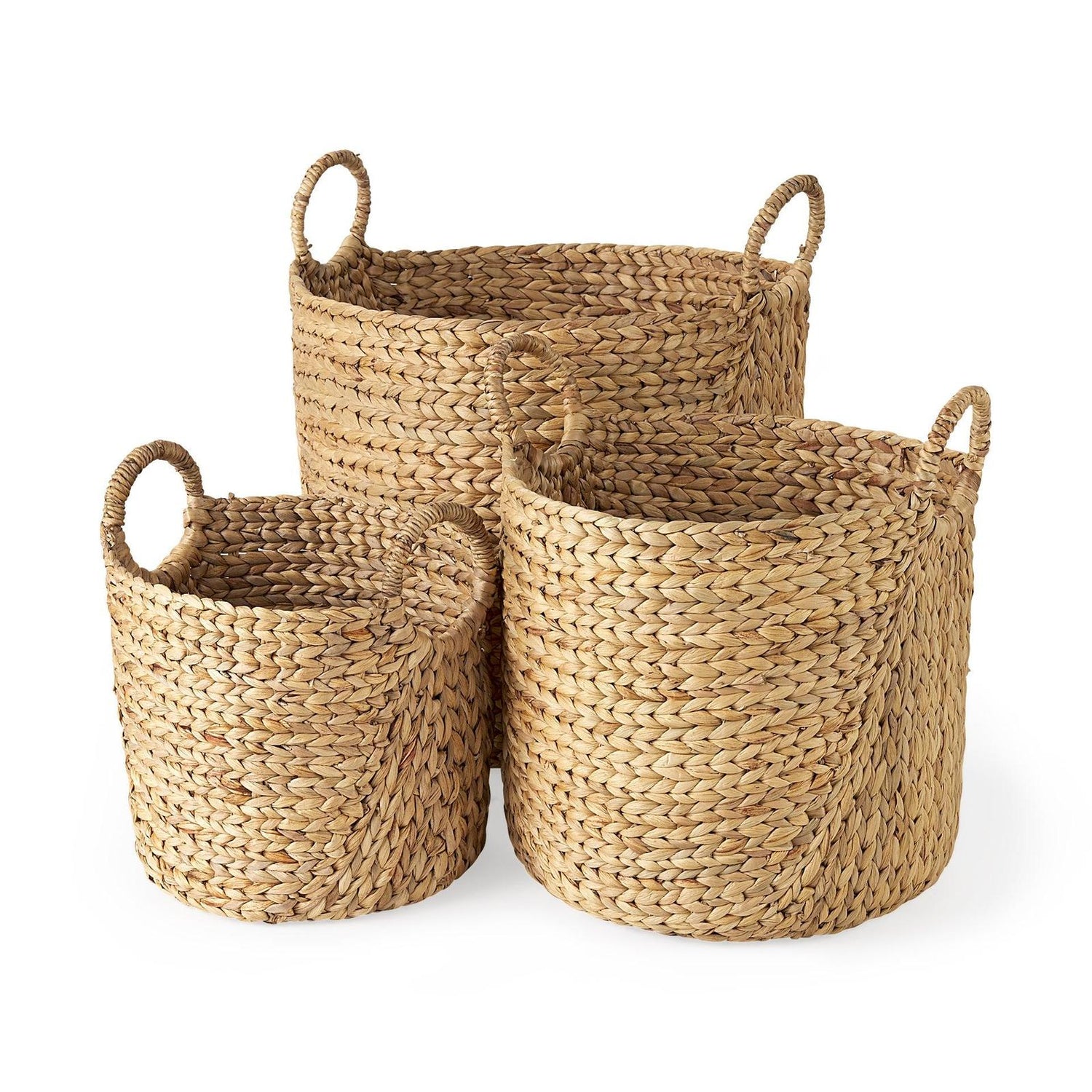 Mercana Sivan Light Brown Water Hyacinth Round Basket W/ Handles-Set of 3