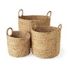 Mercana Sivan Light Brown Water Hyacinth Round Basket W/ Handles-Set of 3