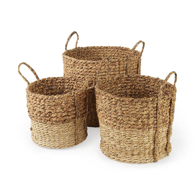 Mercana Morocco Brown Two Tone Water Hyacinth and Cornhusk Round Basket W/ Handles-Set of 3 Clearance