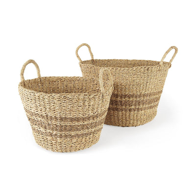 Mercana Vance Light Brown Palm Leaf and Seagrass Round Basket W/ Handles Clearance