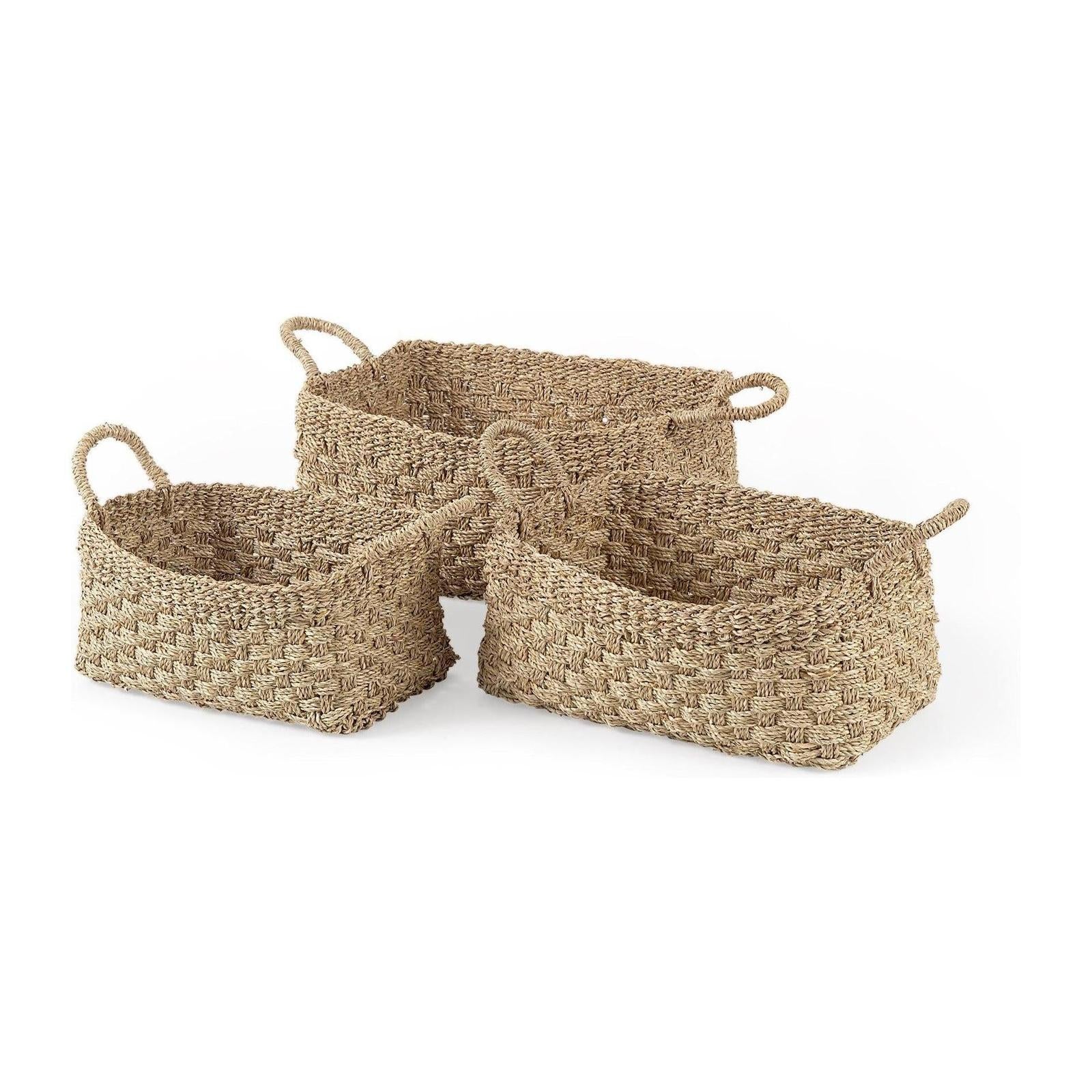 Mercana Emra Light Brown Seagrass Rectangular Basket W/ Handles-Set of 3