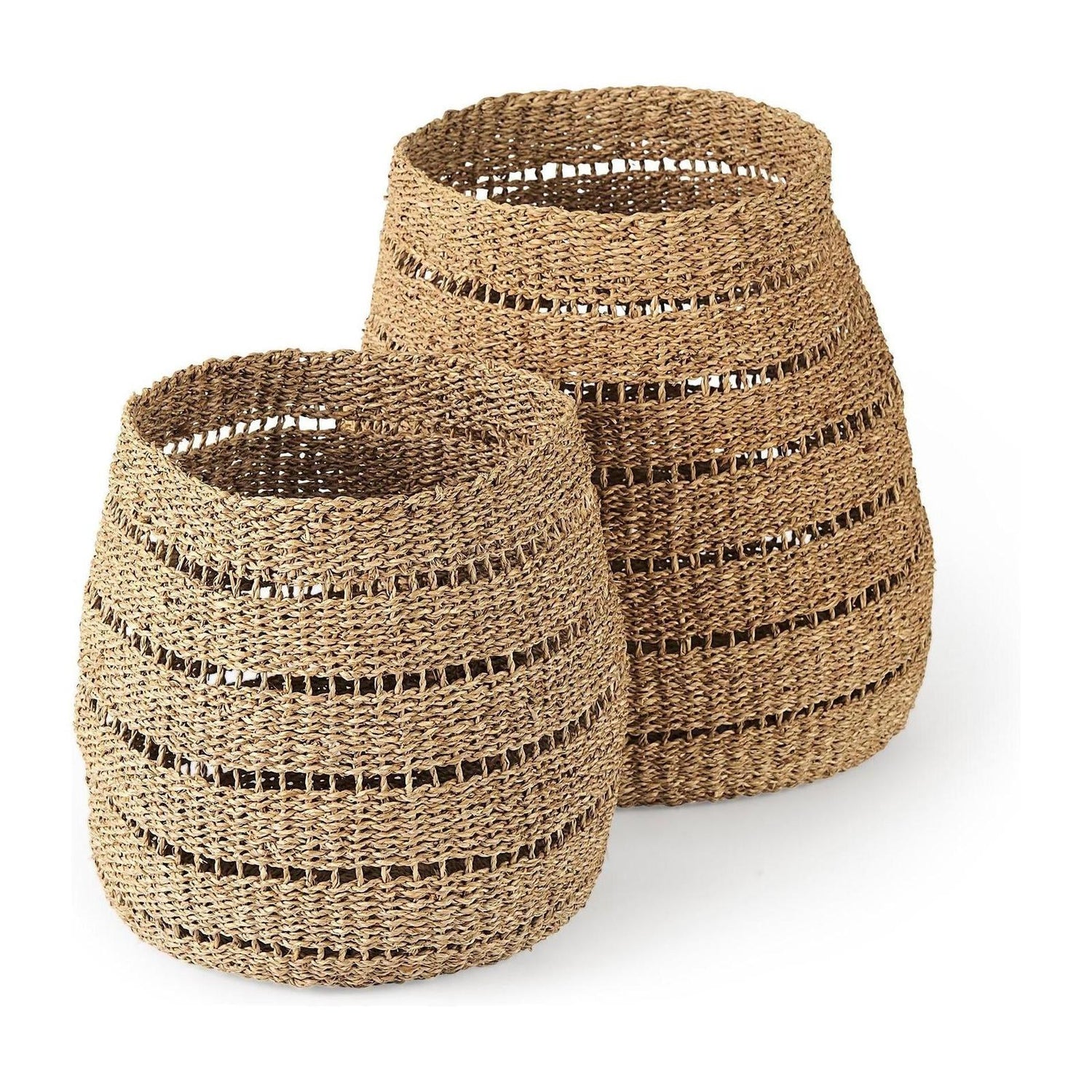 Mercana Hayes Medium Brown Seagrass Round Basket with Stripe Pattern- Set of 2 Clearance