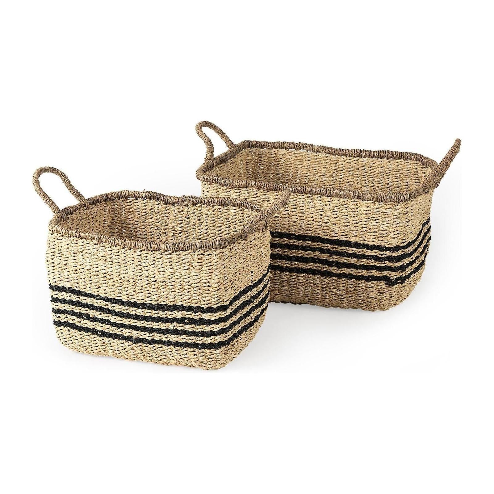 Mercana Emma Light Brown Seagrass Rectangular Basket W/ Black Stripes- Set of 2