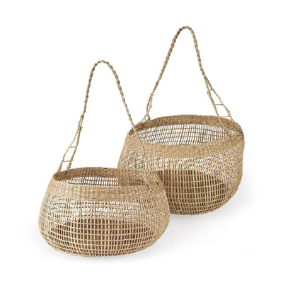 Mercana Nova Light Brown Seagrass Woven Round Basket W/ Long Handle - Set of 2 Clearance
