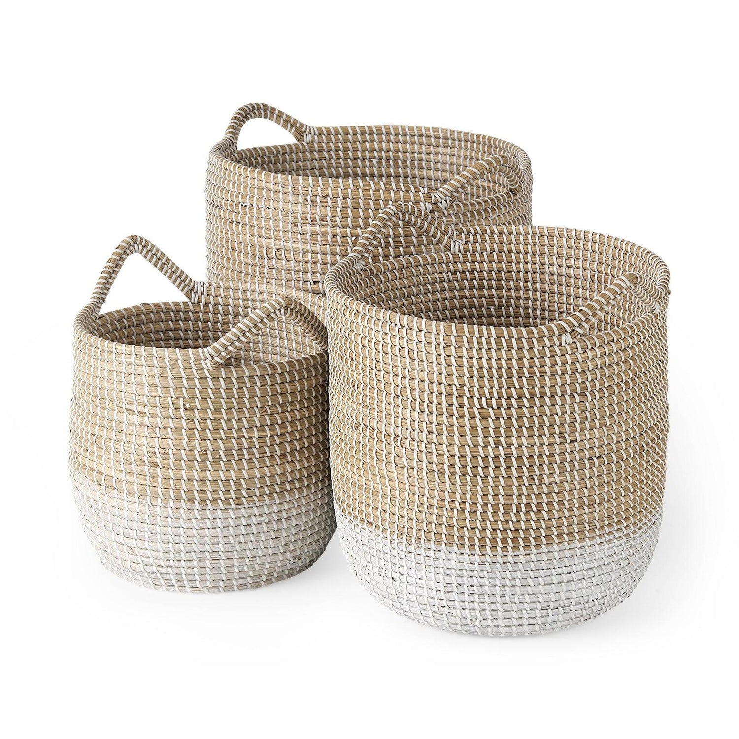 Mercana Maddie Light Brown W/White Dipped Seagrass Round Basket W/ Handles - Set of 3
