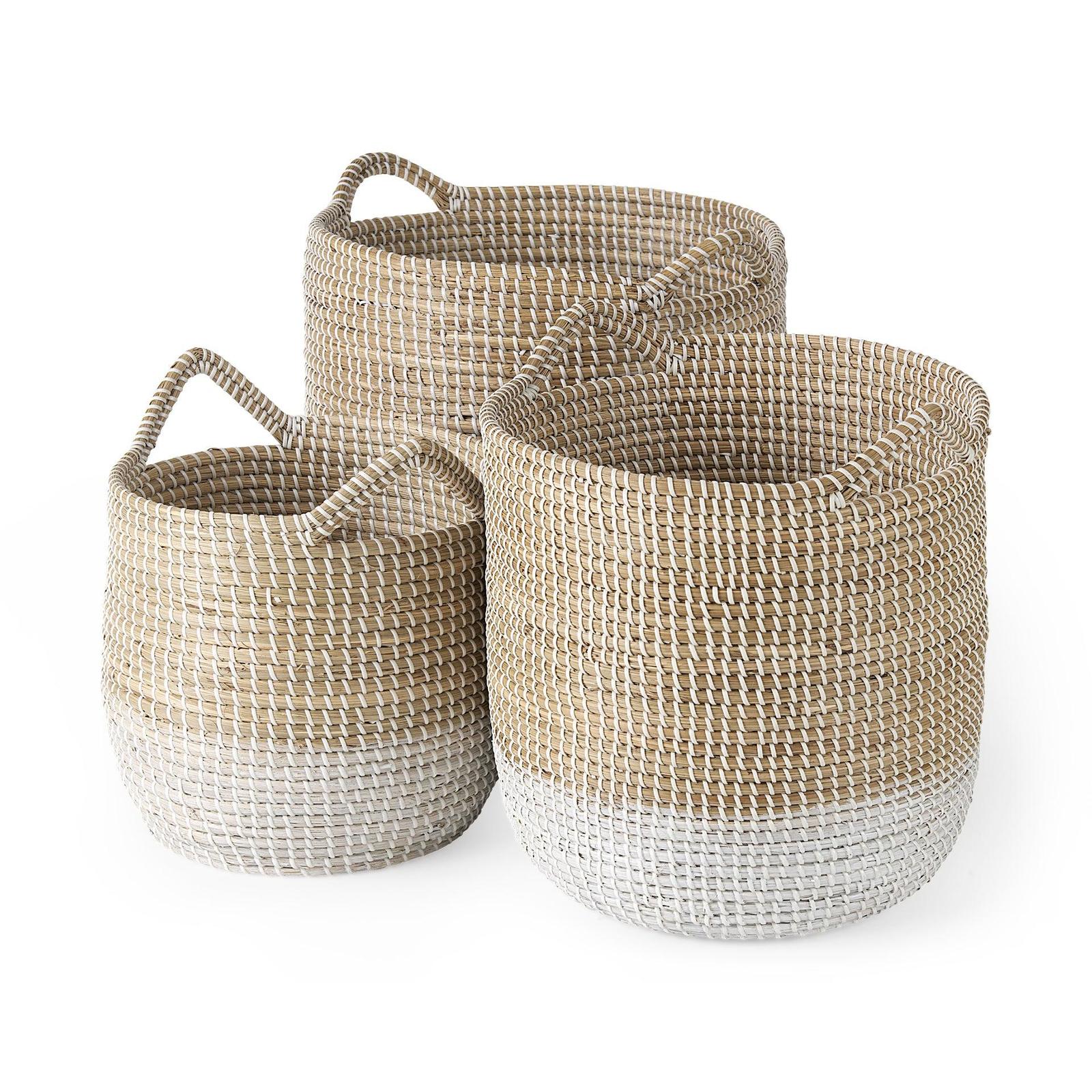 Mercana Maddie Light Brown W/White Dipped Seagrass Round Basket W/ Handles - Set of 3