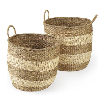 Mercana Bradley Light Brown W/Striped Seagrass Basket W/ Handles- Set of 2 Clearance