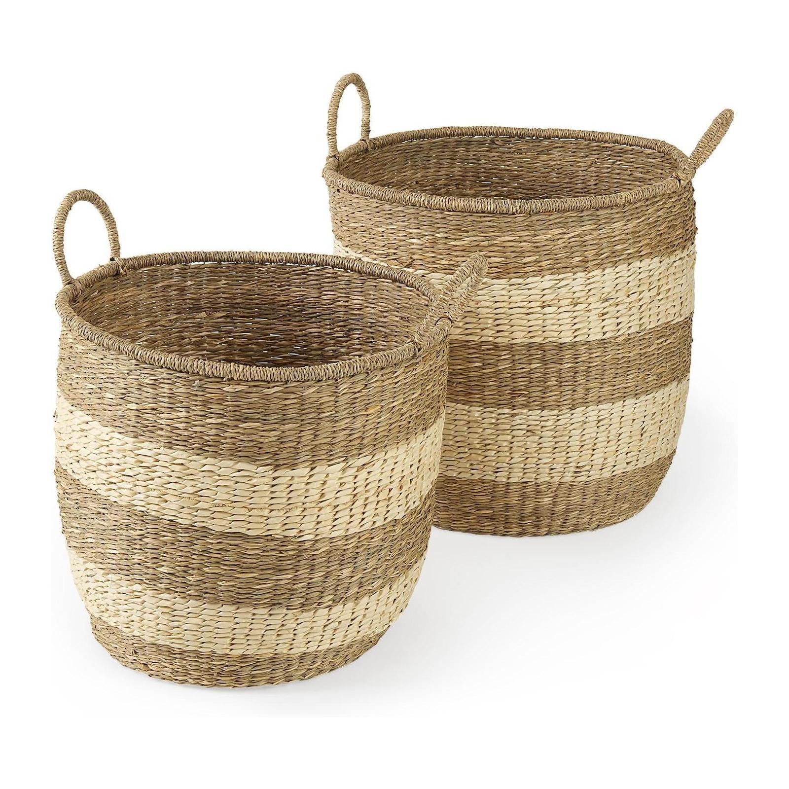 Mercana Bradley Light Brown W/Striped Seagrass Basket W/ Handles- Set of 2 Clearance