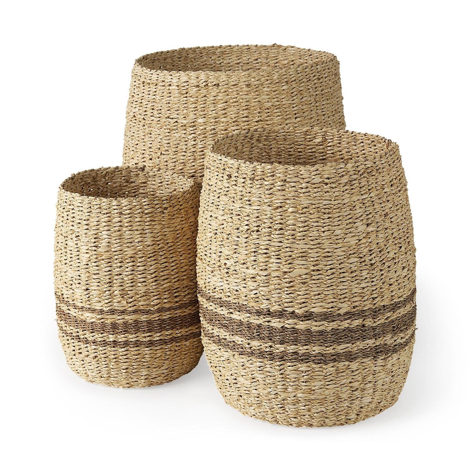 Mercana Sivannah Light Brown and Medium Brown Striped Seagrass Round Basket - Set of 3