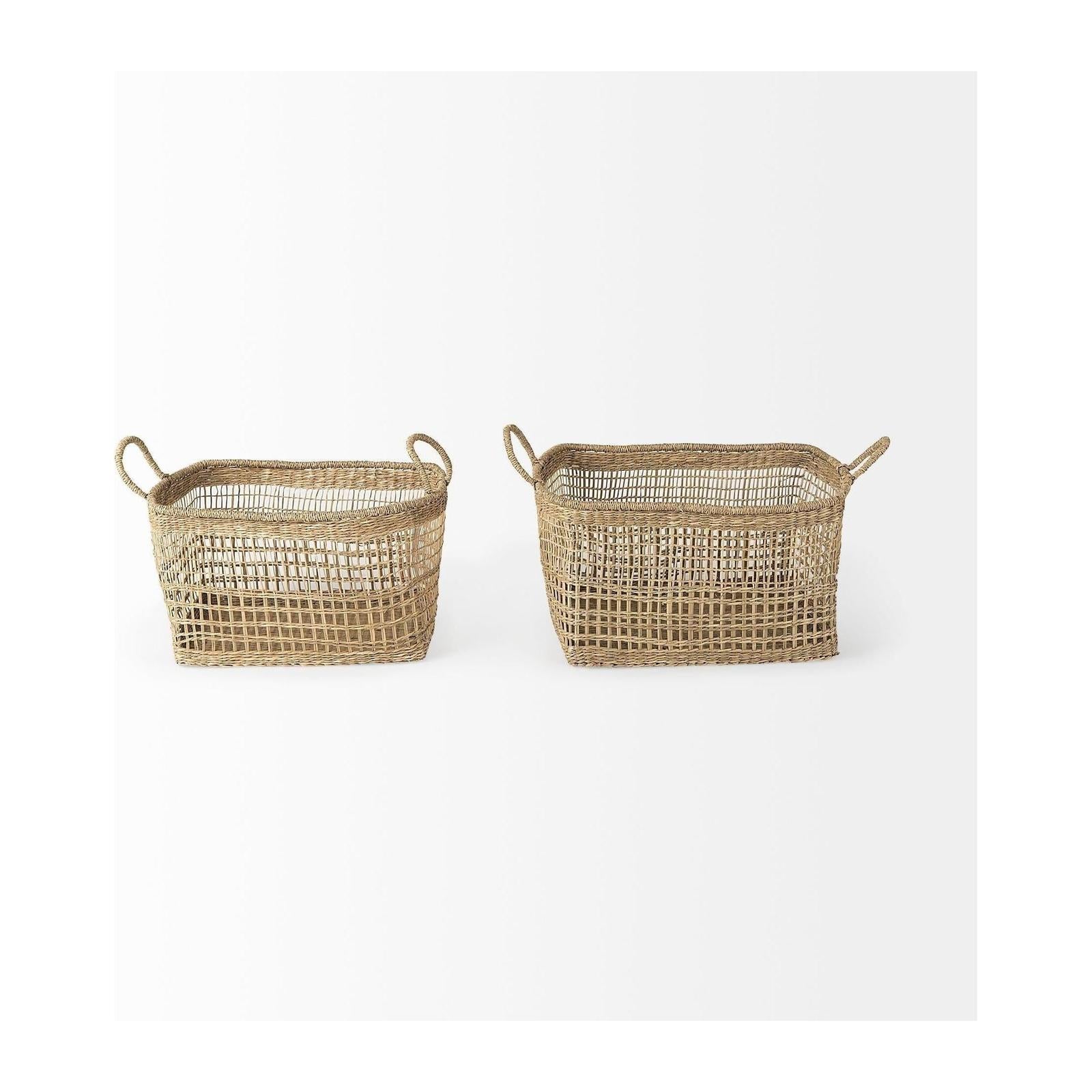 Mercana Bellisa Medium Brown Seagrass Rectangular Basket W/ Handles- Set of 2