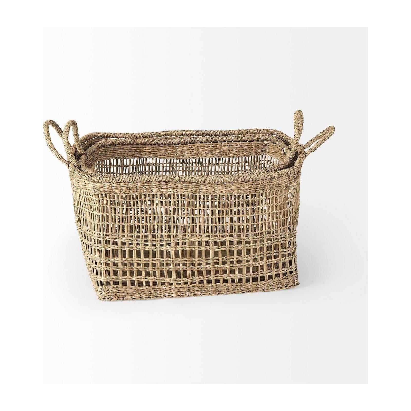 Mercana Bellisa Medium Brown Seagrass Rectangular Basket W/ Handles- Set of 2