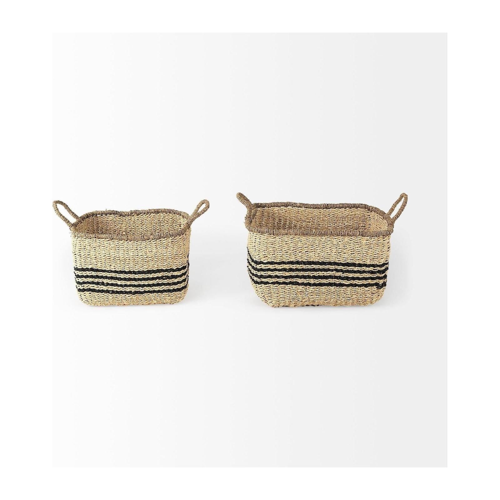 Mercana Emma Light Brown Seagrass Rectangular Basket W/ Black Stripes- Set of 2