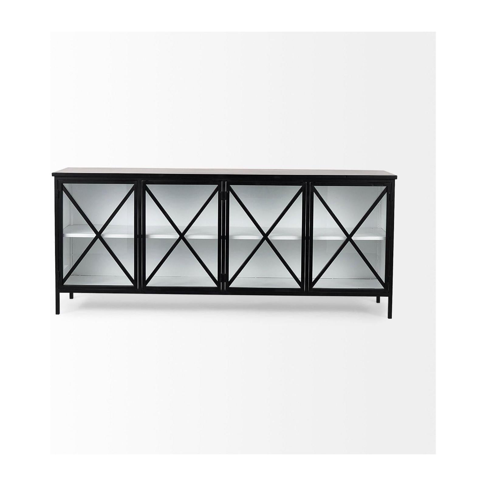 Mercana Aurelia Black and White Metal Four Door Glass Cabinet Buffet Clearance