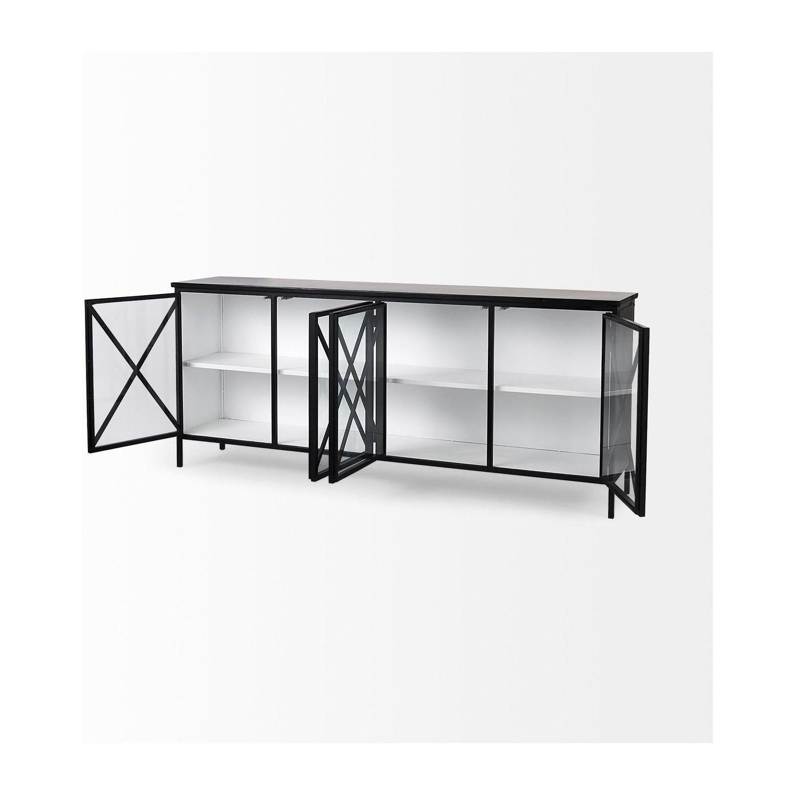 Mercana Aurelia Black and White Metal Four Door Glass Cabinet Buffet Clearance