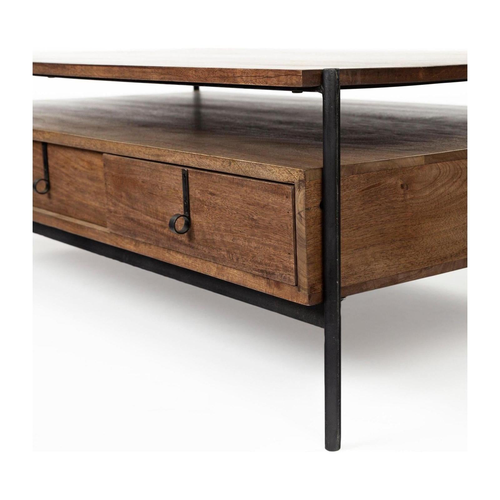 Mercana Glenn Dark Brown Wood w/ Black Iron Frame, Rectangle 3 Drawers Coffee Table