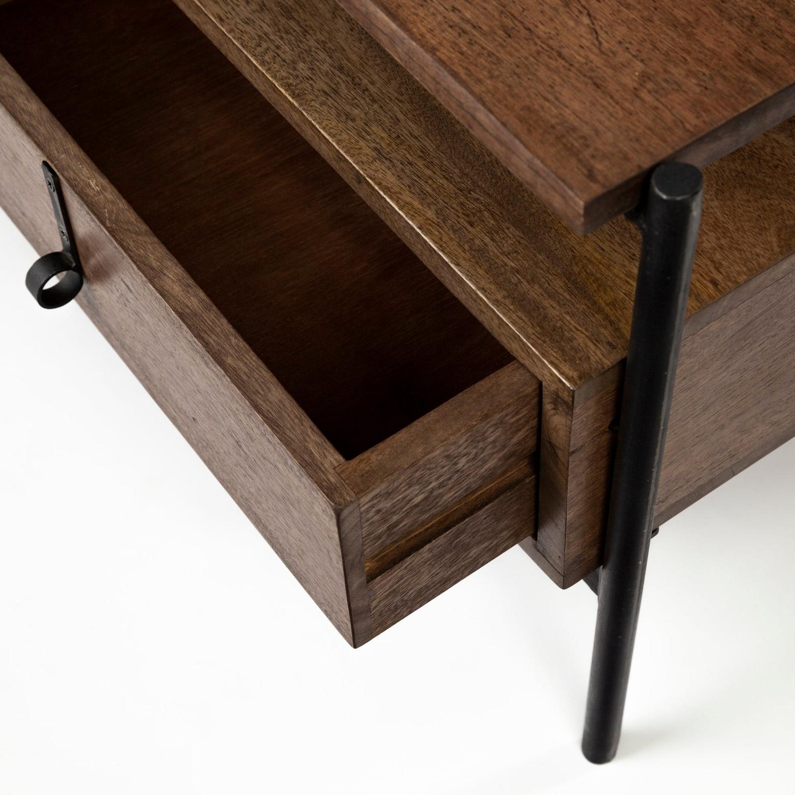 Mercana Glenn Dark Brown Wood w/ Black Iron Frame, Rectangle 3 Drawers Coffee Table